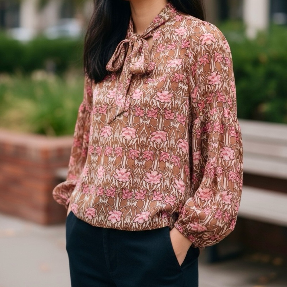 Forever 21 Women’s Sheer Tan & Pink Secretary’s Bow Blouse. Size S. SKU 488